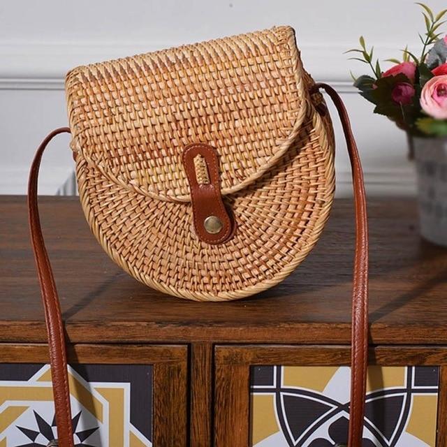 Bohemian Rattan Crossbody Bags Handmade Woven Beach Circular Bags