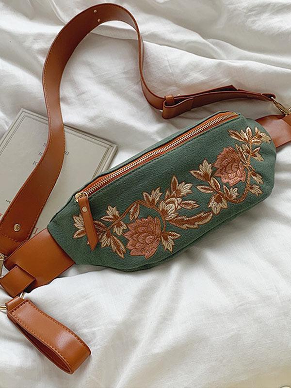 Women's Ethnic Embroidered Canvas Large-Cap Crossbody Bag
