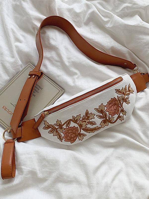 Women's Ethnic Embroidered Canvas Large-Cap Crossbody Bag