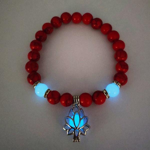 Natural Stones Luminous Glowing In The Dark Lotus Flower Shaped Charm Bracelet For Women Yoga Prayer Buddhism Jewelry