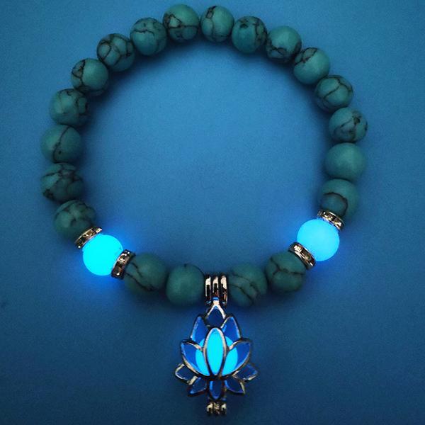 Natural Stones Luminous Glowing In The Dark Lotus Flower Shaped Charm Bracelet For Women Yoga Prayer Buddhism Jewelry