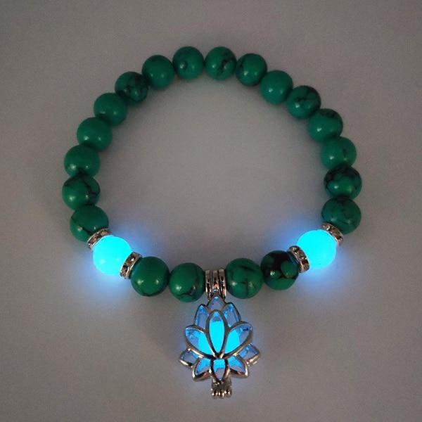 Natural Stones Luminous Glowing In The Dark Lotus Flower Shaped Charm Bracelet For Women Yoga Prayer Buddhism Jewelry