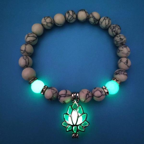 Natural Stones Luminous Glowing In The Dark Lotus Flower Shaped Charm Bracelet For Women Yoga Prayer Buddhism Jewelry