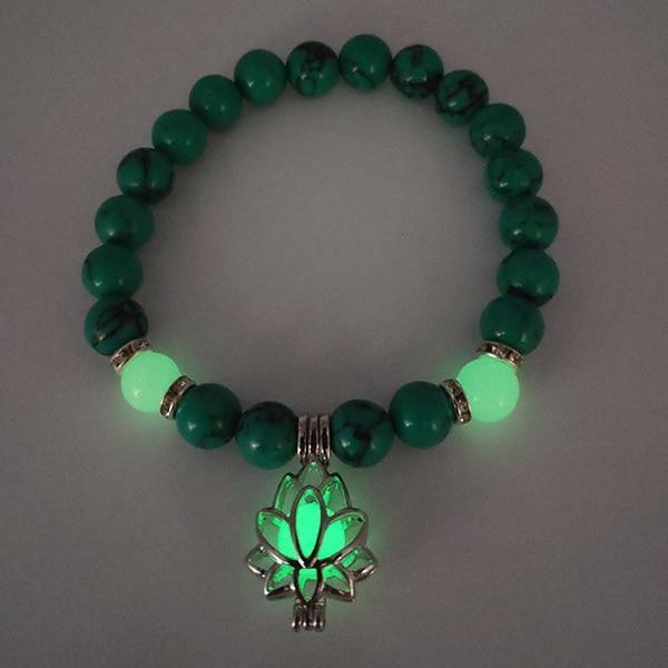 Natural Stones Luminous Glowing In The Dark Lotus Flower Shaped Charm Bracelet For Women Yoga Prayer Buddhism Jewelry