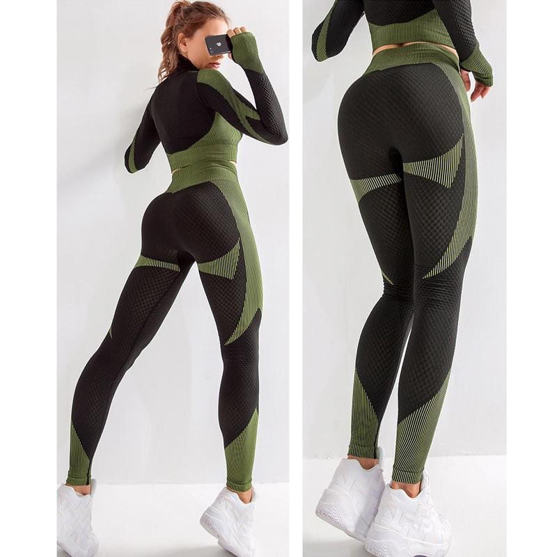 Seamless Workout Yoga Sets Women Sport Gym Leggings Wear Running Clothing Sport Fitness Yoga Suit Long-sleeved  Yoga suit  2pc