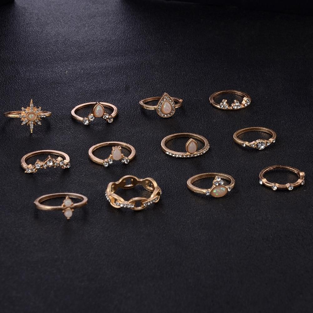 12 Pcs Bohemian Vintage Geometric Crystal Ring Set